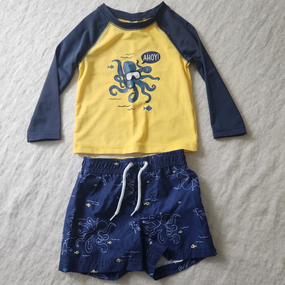 Oshkosh NWOT 2 piece bathingsuit long sleeve blue yellow octopus fish 18 months